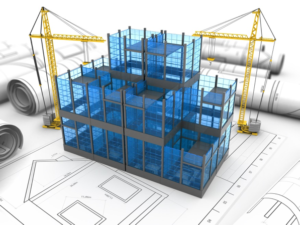 Model and drawings of a building showing automation in construction management with building information modeling