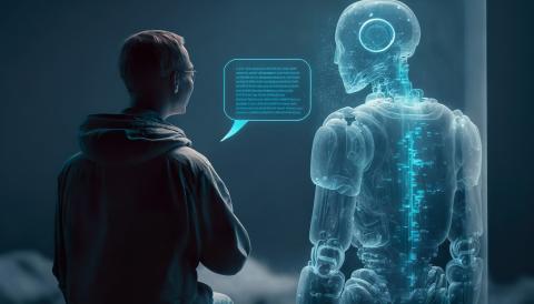 human and AI figure standing side by side 