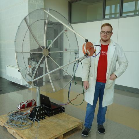 Student Elijah Emory with Satellite Ground Station Setup