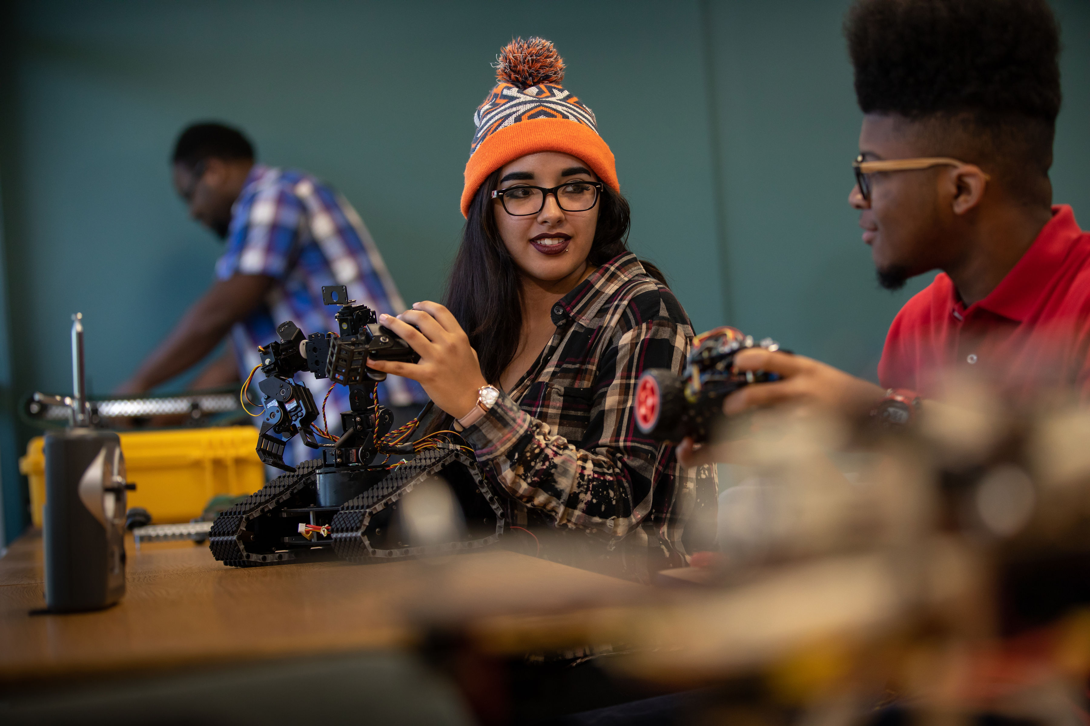 Students working together on robots