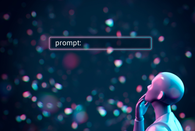 AI robot looking at search bar that says "prompt:"