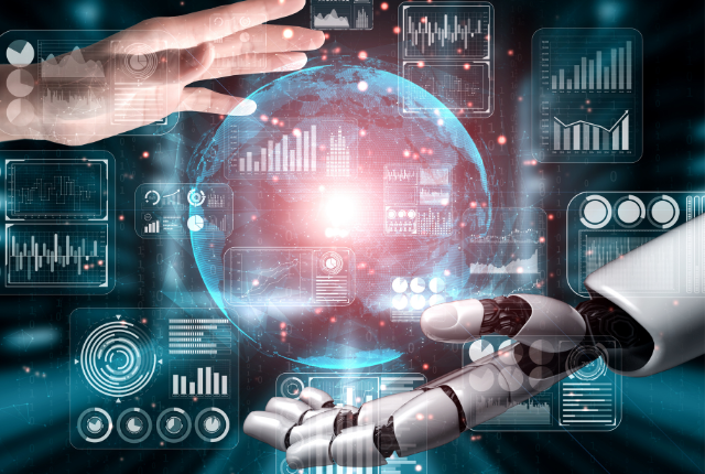 computer hand and human hand in abstract tech design