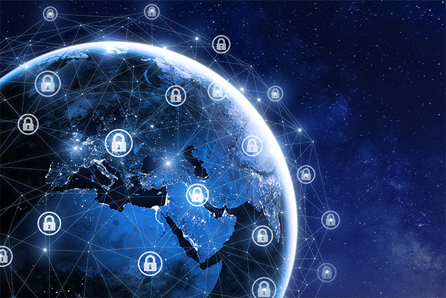 a picture of earth from space surrounded by a network with locks symbolizes how to keep your satellite data secure from hacking