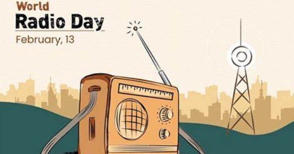 World Radio Day, February 13,featuring portable radio and broadcast tower