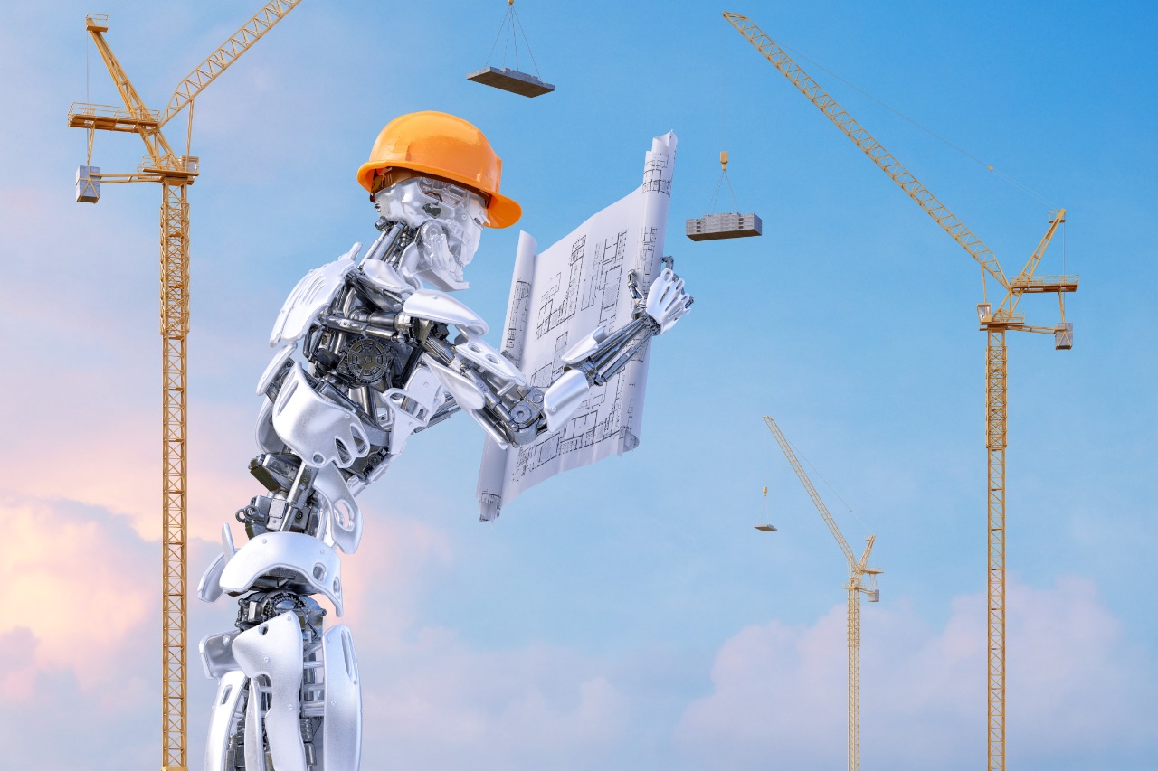 Robot in hardhat holding drawings at construction site symbolizing increase in technology and automation in construction