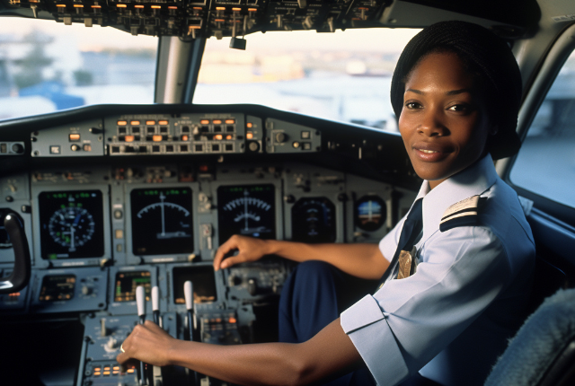 black female commercial pilot sitting in the cockpit 