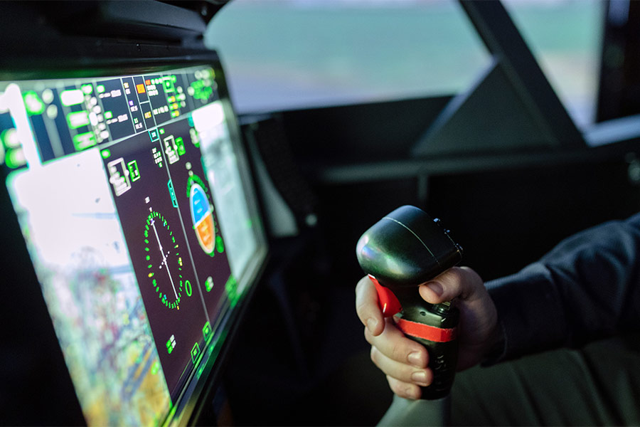 A photograph of control panel in a flight simulator 