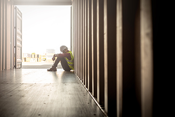 Sad construction worker sitting against wall