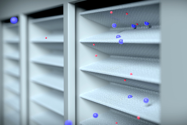 close up of vents with colored virus molecules trying to pass through exemplifies strategies in facilities management to control the spread of COVID