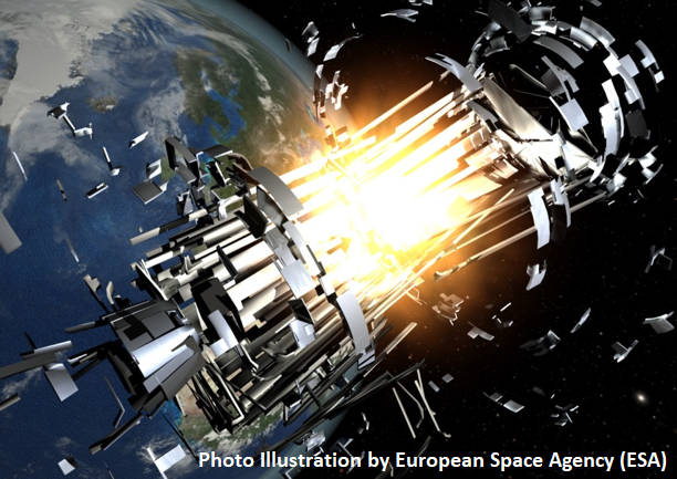 illustration of space satellite exploding with earth in the background, showing how satellite missions can go wrong