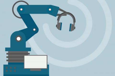 an animated robotic arm holding a pair of headphones symbolizes podcasts for mechatronics engineers