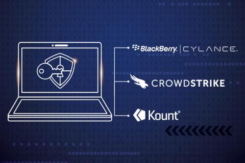 a drawing of a laptop against a blue background with a list of innovative cybersecurity companies, such as Blackberry and Crowdstrike on the right