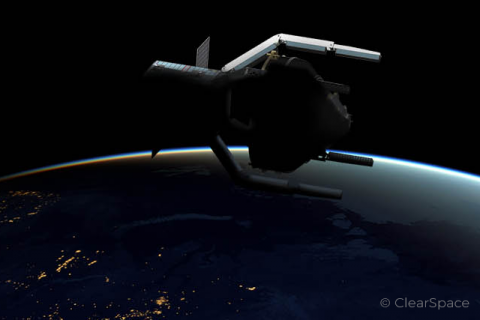 an image of earth from space showing advanced technology to remove space debris from orbit