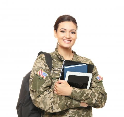 Female soldier with textbooks