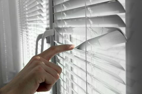 person looking out of a window blind