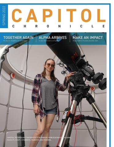 Student in observatory on cover of Spring 22 Capitol Chronicle